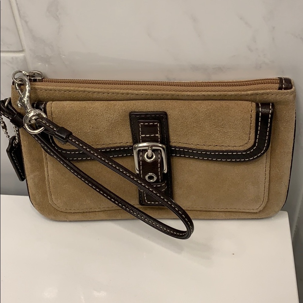 Coach Tan & Brown Suede Wristlet